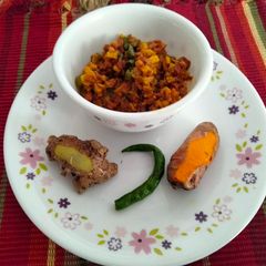 Green chilli,raw turmeric and ginger pickle A picture of Green chilli,raw turmeric and ginger pickle.