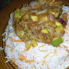Rice and cucumber beef sauce A picture of Rice and cucumber beef sauce.