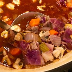 A picture of Easy Borscht/Goulash-Inspired Leftover Roast & Red Cabbage Soup.