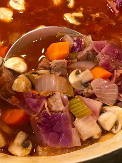 A picture of Easy Borscht/Goulash-Inspired Leftover Roast & Red Cabbage Soup.