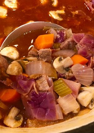 A picture of Easy Borscht/Goulash-Inspired Leftover Roast & Red Cabbage Soup.