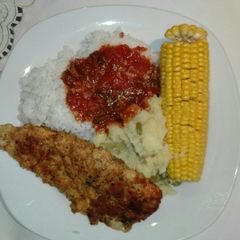 A picture of Mashed potato,sweet corn and mealie rice.