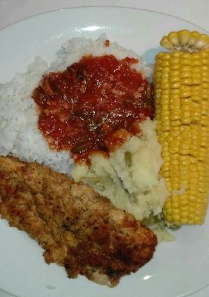 A picture of Mashed potato,sweet corn and mealie rice.