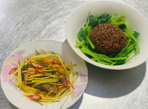 Hình của món Cá basa chiên mắm xoài + cơm gạo lứt + rau luộc (Healthy).