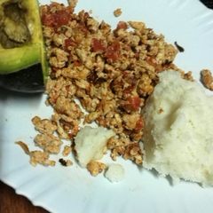 A picture of Fried eggs with ugali.