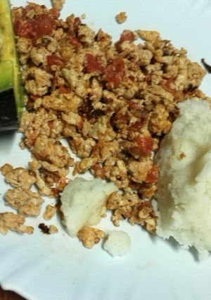 A picture of Fried eggs with ugali.