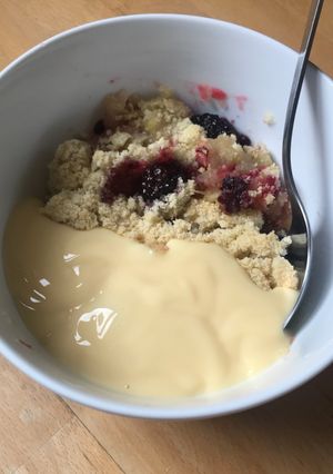 A picture of Apple and blackberry crumble.