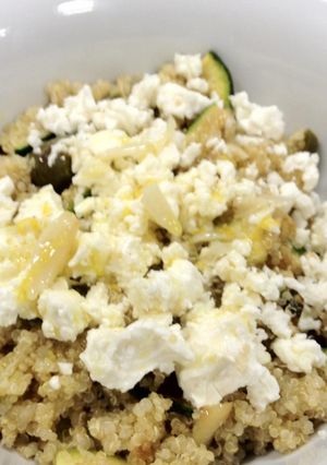 A picture of Quinoa & feta salad with roasted vegetables.