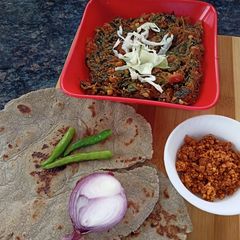 Methi sabzi bajri roti and peanut chutney A picture of Methi sabzi bajri roti and peanut chutney.