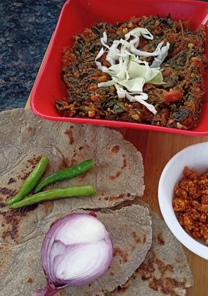 A picture of Methi sabzi bajri roti and peanut chutney.