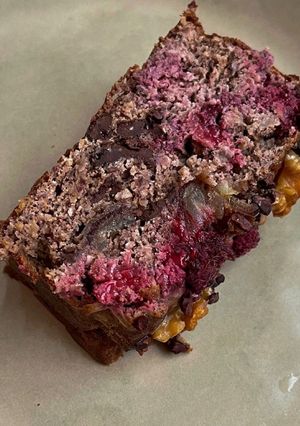 A picture of Loaded raspberry ganache loaf.