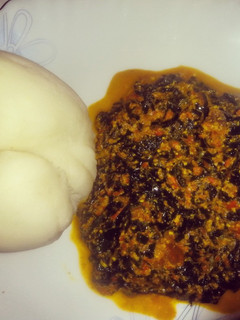 A picture of Pounded yam and egusi soup.