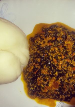 A picture of Pounded yam and egusi soup.