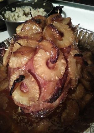 A picture of Carmel apple pineapple brown sugared ham.