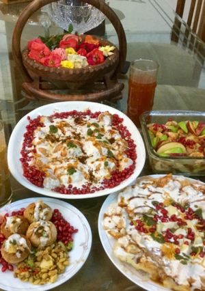 A picture of Dahi bhalla padi chat & Stuffed Golgappas and fruit chat.
