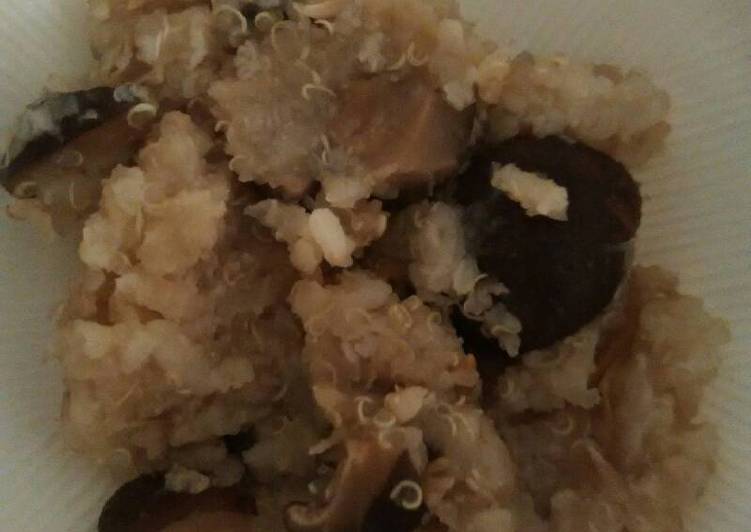 Resep MPASI beras + quinoa putih + jamur + kulit tahu + kaldu + evoo, Sempurna