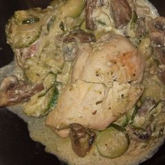 A picture of Chicken Breast with Courgettes, Onion, and Chestnut Mushrooms.