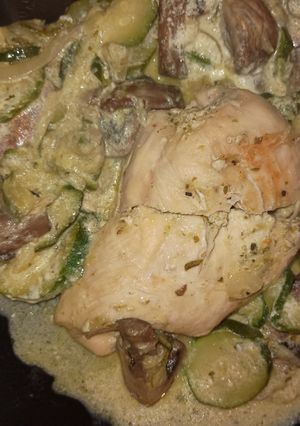 A picture of Chicken Breast with Courgettes, Onion, and Chestnut Mushrooms.