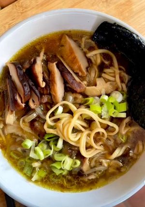 A picture of Miso Shiitake Noodle Soup.