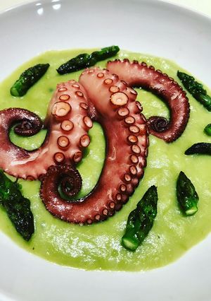 Foto di Polpo su vellutata di asparagi e piselli
