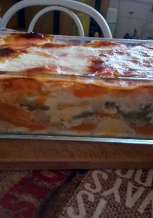 Rakott krumpli édesburgonyával és zöldségekkel (Vegetáriánus recept) recept fotója