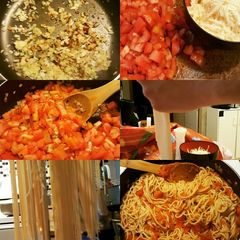A picture of Home made spaghetti noodles with cherry tomatoe garlic sauce.