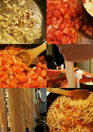 A picture of Home made spaghetti noodles with cherry tomatoe garlic sauce.