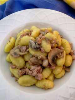 A picture of Gnocchi with Sausage, Mushrooms, and Gorgonzola.