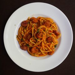 A picture of One-Pan Sausage Spaghetti.