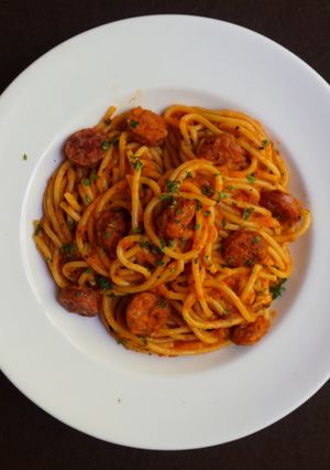 A picture of One-Pan Sausage Spaghetti.