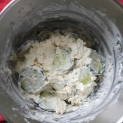A picture of Mascarpone Mild Cheddar Cucumber Sandwich Filler.