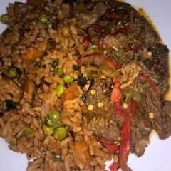 Tomato fried rice with shredded beef A picture of Tomato fried rice with shredded beef.
