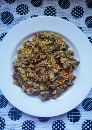 A picture of Ox liver stew and rice.