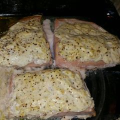 A picture of Baked Salmon with Sour Cream Topping.