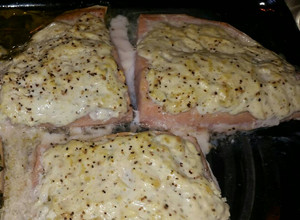 A picture of Baked Salmon with Sour Cream Topping.