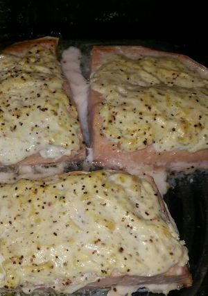 A picture of Baked Salmon with Sour Cream Topping.