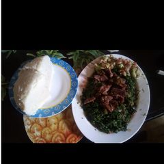 A picture of Red meat,greens,ugali.