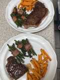 Steak with Bacon-Wrapped Green Beans and Sweet Potato Fries