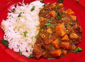 A picture of Chickpea and sweet potato curry.