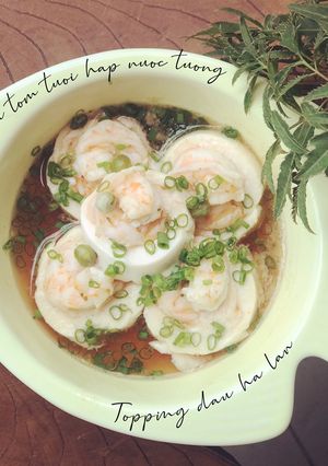 Hình của món Đậu hủ tôm tươi hấp nước tương topping đậu hà lan.