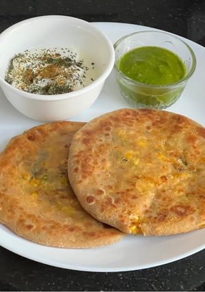 A picture of Boiled Corn 🌽 Cheese 🧀 Barley Flour Paratha 🫓.
