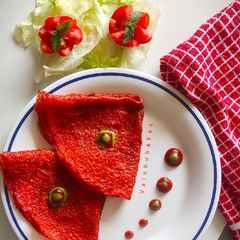 Savoury Tomato Crêpes with Fresh Green Dip A picture of Savoury Tomato Crêpes with Fresh Green Dip.