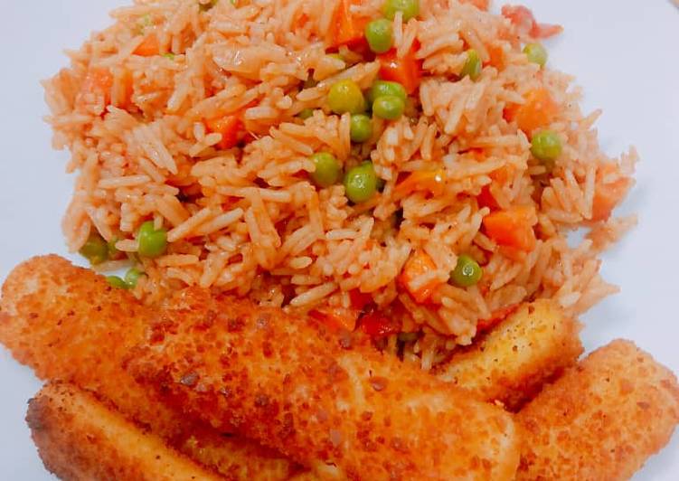 Simple jollof rice with crispy fish finger