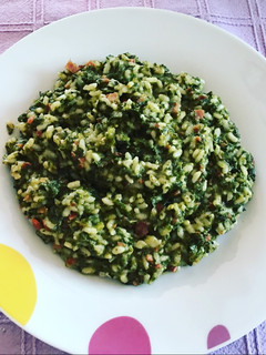 Una foto de Risotto de kale, Serrano y queso de cabra