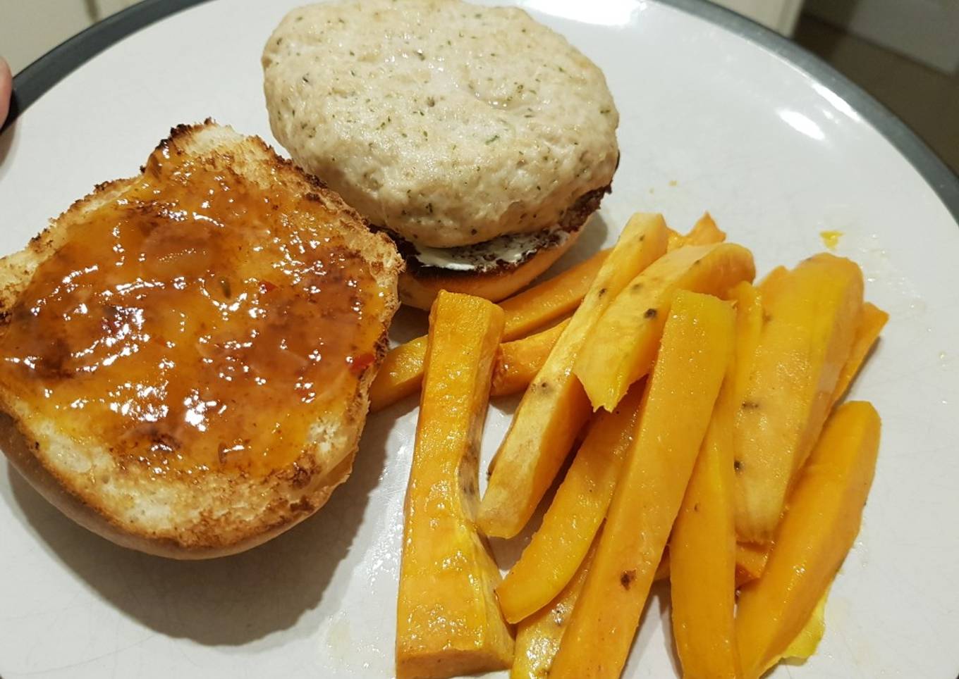 Mango Chicken Burger with Sweet Potato Fries