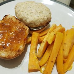 A picture of Mango Chicken Burger with Sweet Potato Fries.