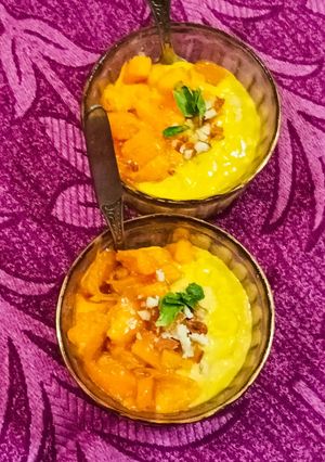 A picture of Hung Curd No Refined Sugar Mango Mousse.