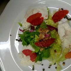 A picture of Mozzarella cheese salad with blood orange.
