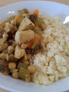 A picture of Couscous with Sweet Potato and Raisen Sauce.