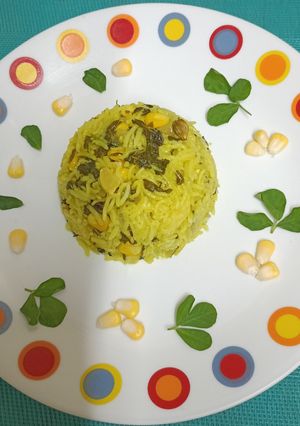 A picture of Methi Corn Pulao In A Pressure Cooker.